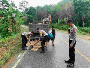 Respon Keluhan Warga, Satlantas Polres Morut Timbun Jalan Berlubang
